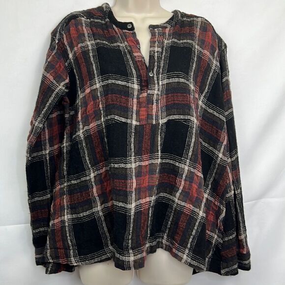 Free People Shirt jacket plaid brown and black pull over size Medium EUC - Picture 2 of 11